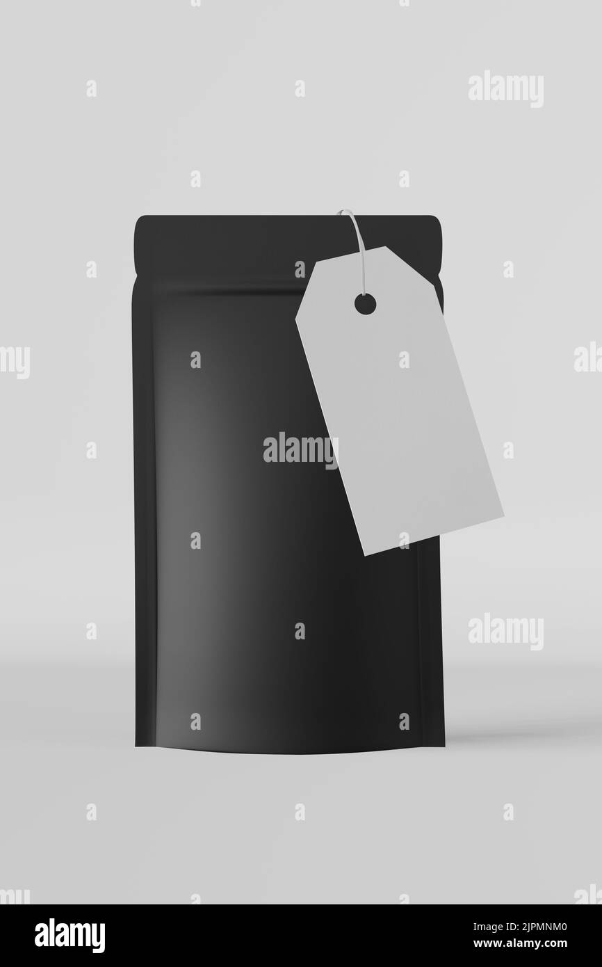 Black pouch bag branding template price tag mockup white background 3D