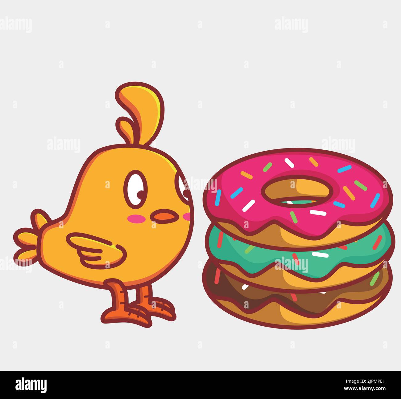 cute chicked eating a giant donuts pile. Animal cartoon Isolated Flat Style Sticker Web Design Icon illustration Premium Vector Logo mascot character Stock Vector