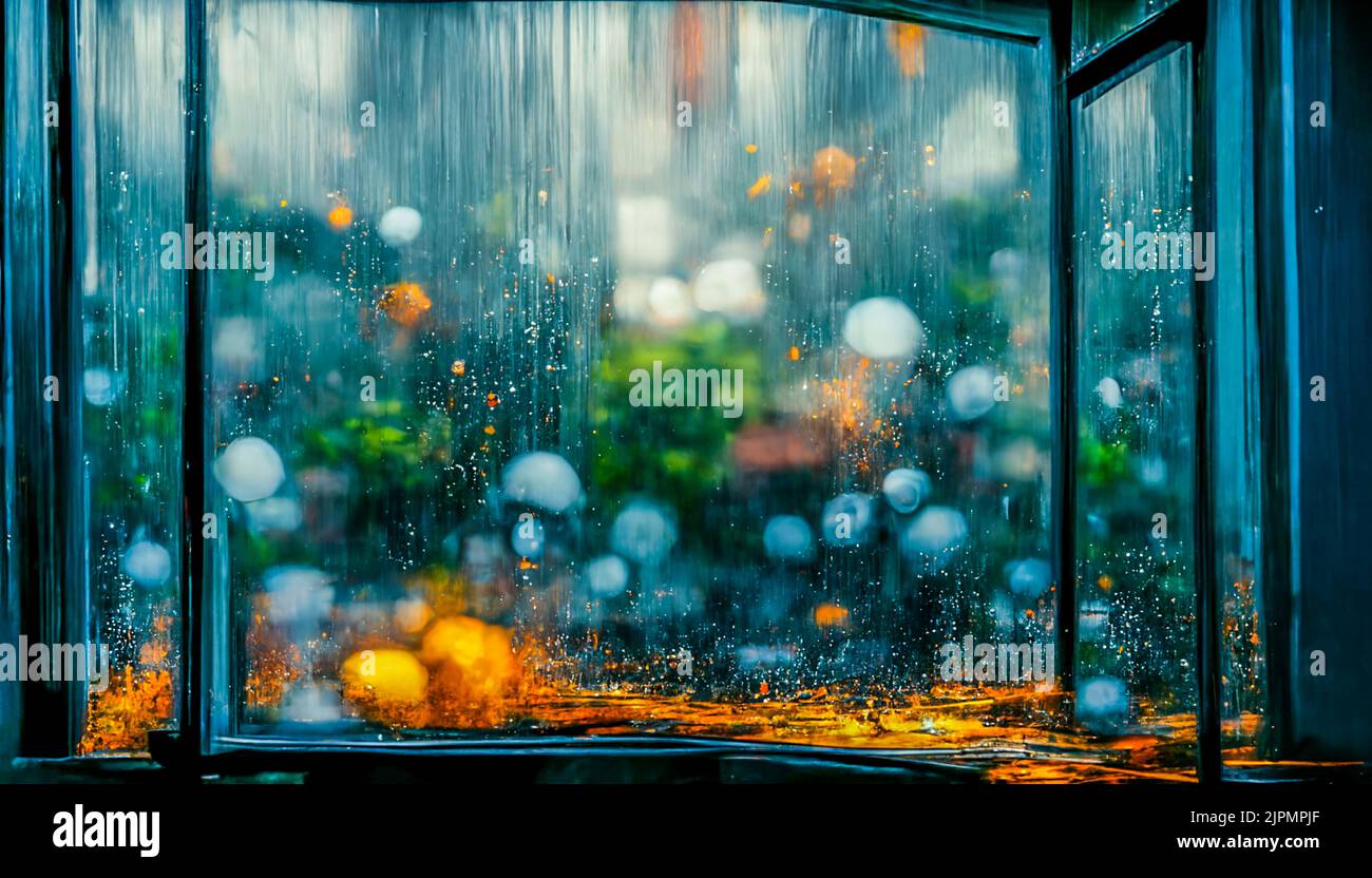 3D Render digital art painting of Rainy Window. Window view with