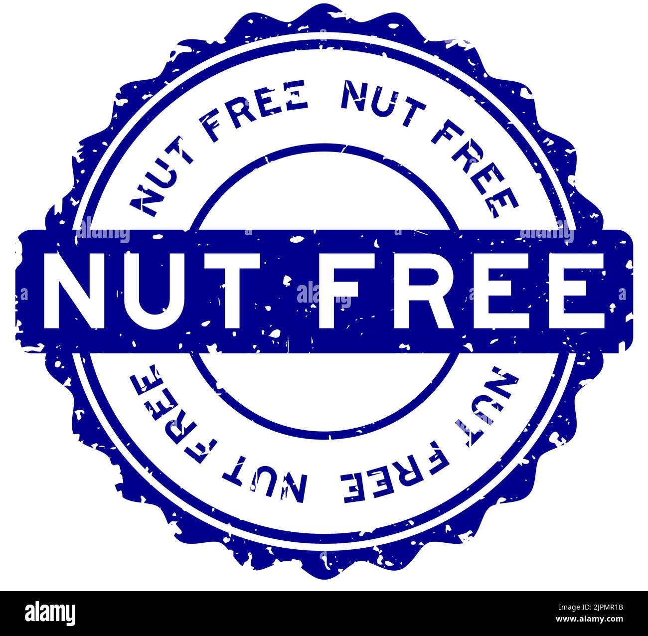 Grunge blue nut free word round rubber seal stamp on white background