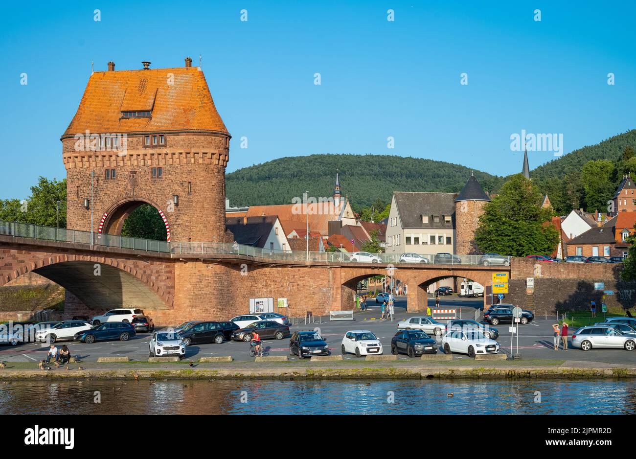 Miltenberg, Germany - July 18, 2021: The old Bridge Gate seen from the River Main Stock Photo