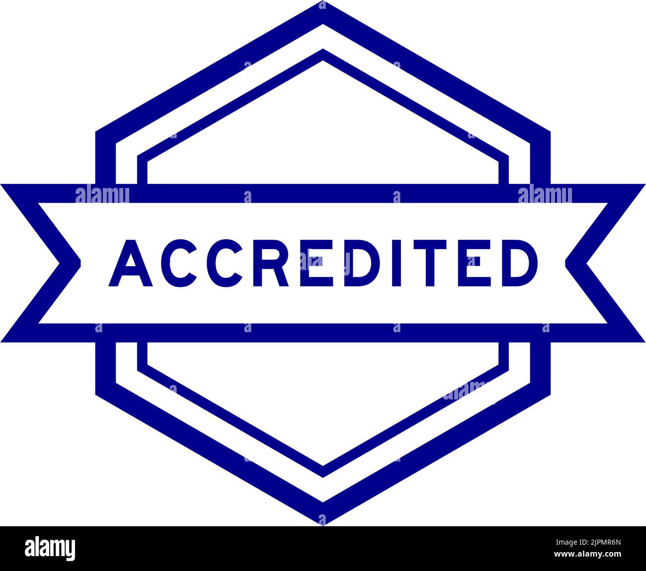 Vintage blue color hexagon label banner with word accredited on white ...