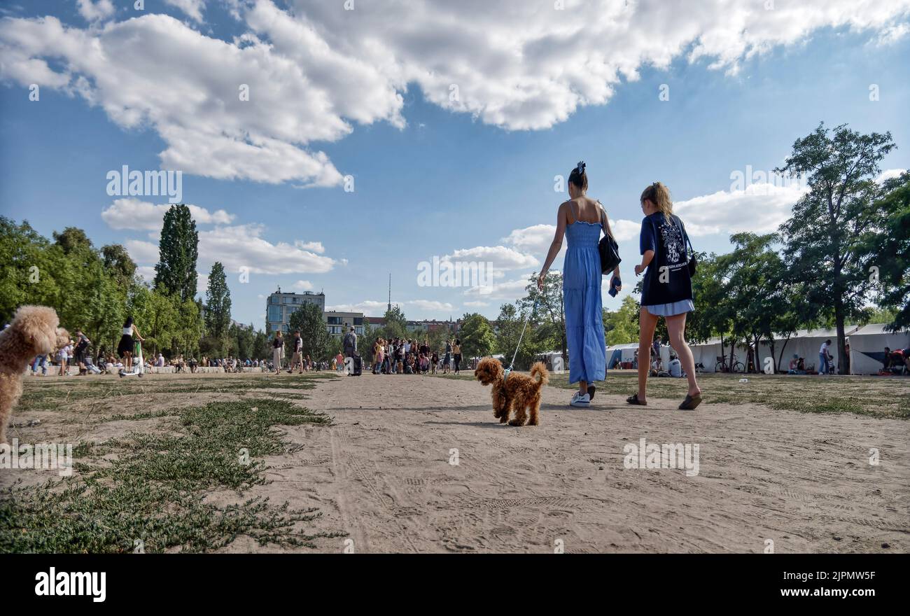 ausgetrocknete Grünflachen im Mauerpark Berlin, Prenzlauer Berg, Pankow, Berlin , Stock Photo