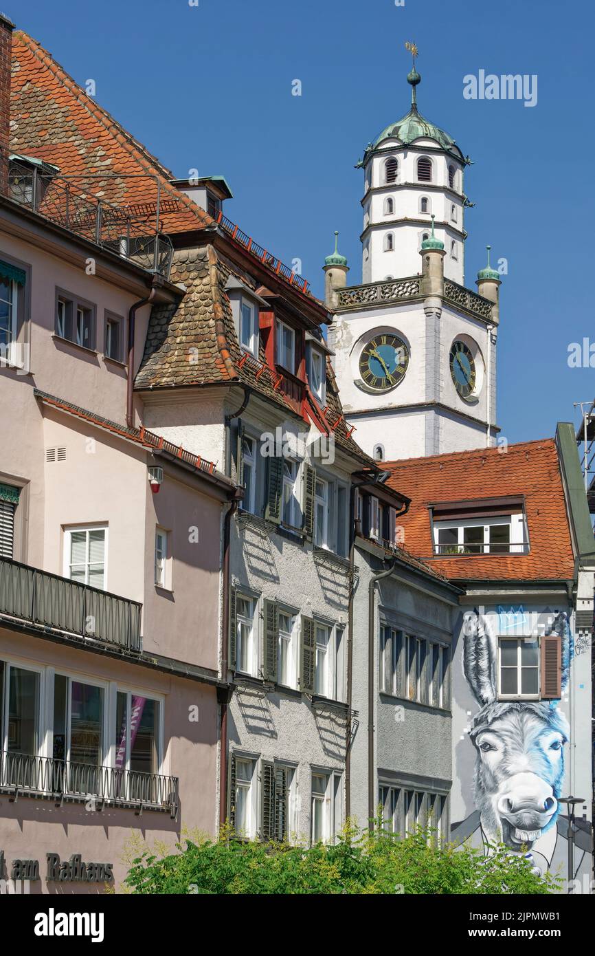 Blaserturm, Altstadtfassaden, Graffit mit Esel, Ravensburg, Oberschwaben, Baden-Württemberg, Deutschland, Europa Stock Photo