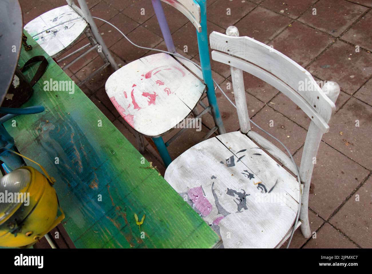 Belgrade-Serbia - May 28, 2022: Sidewalk cafe bar Blaznavac  wooden chairs and table Stock Photo