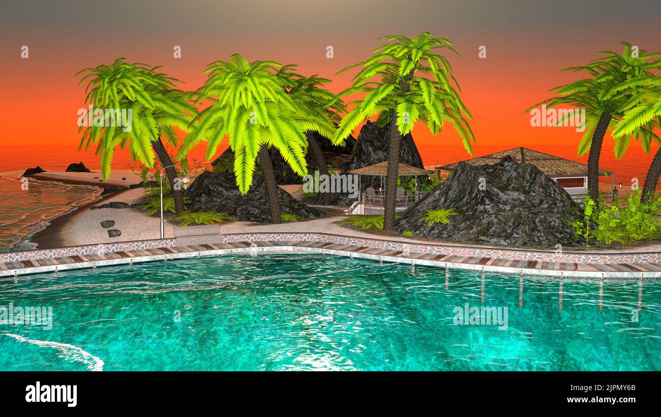 3D rendering of a tropical island with palm trees Stock Photo - Alamy