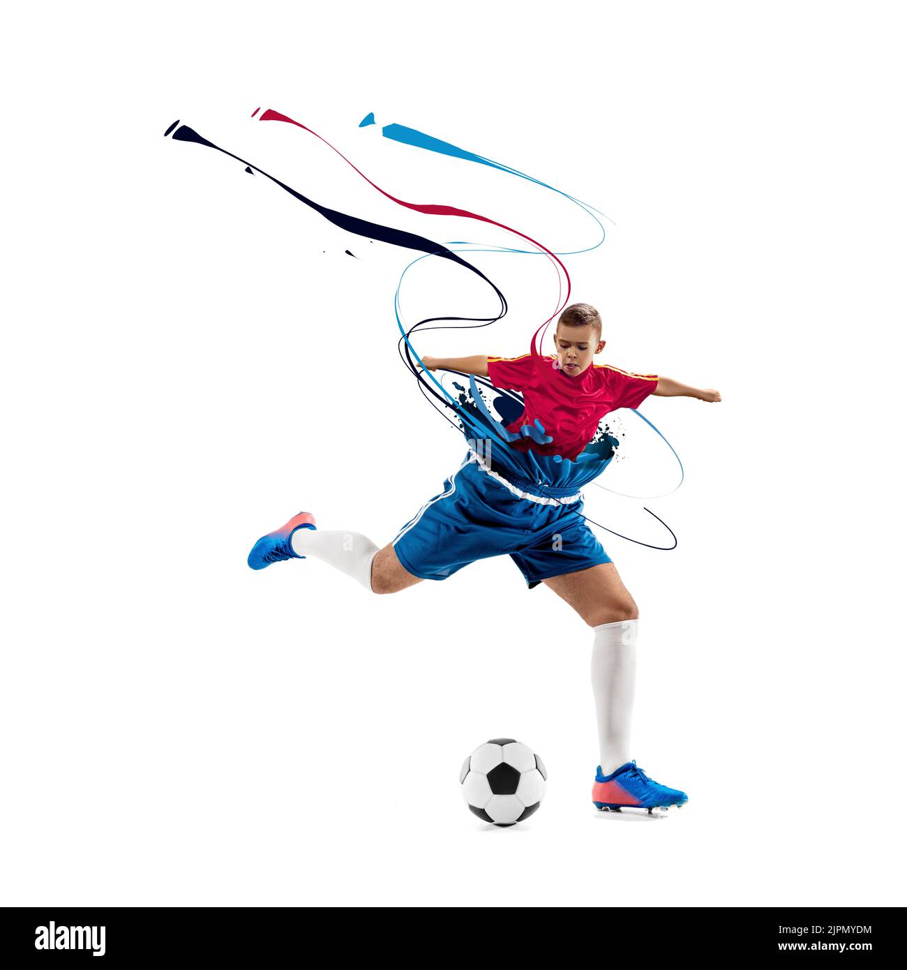 Artwork with little boy, begginer soccer player aspires to a