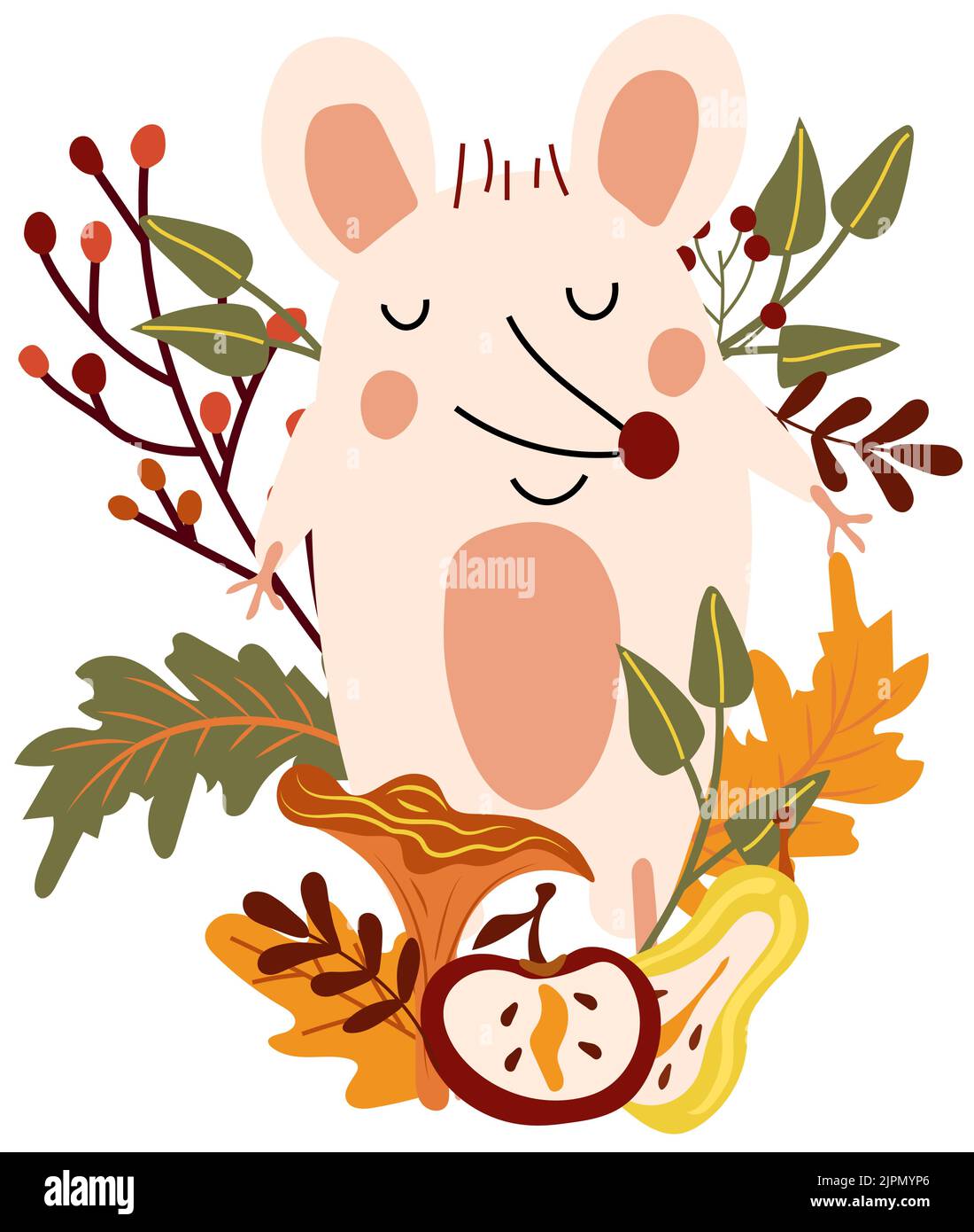 Autumn composition with a cute mouse, autumn mushrooms, berries and tree branches. Perfect for web, harvest festival, banner, card and Thanksgiving. Vector illustration. Stock Vector
