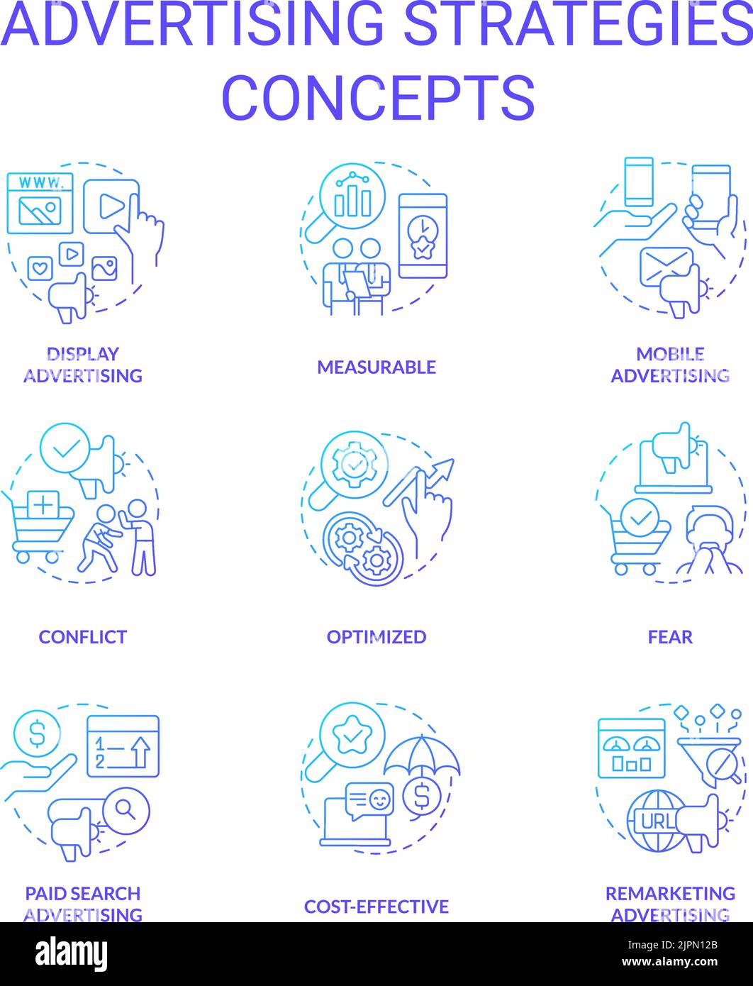 Advertising strategies blue gradient concept icons set Stock Vector ...