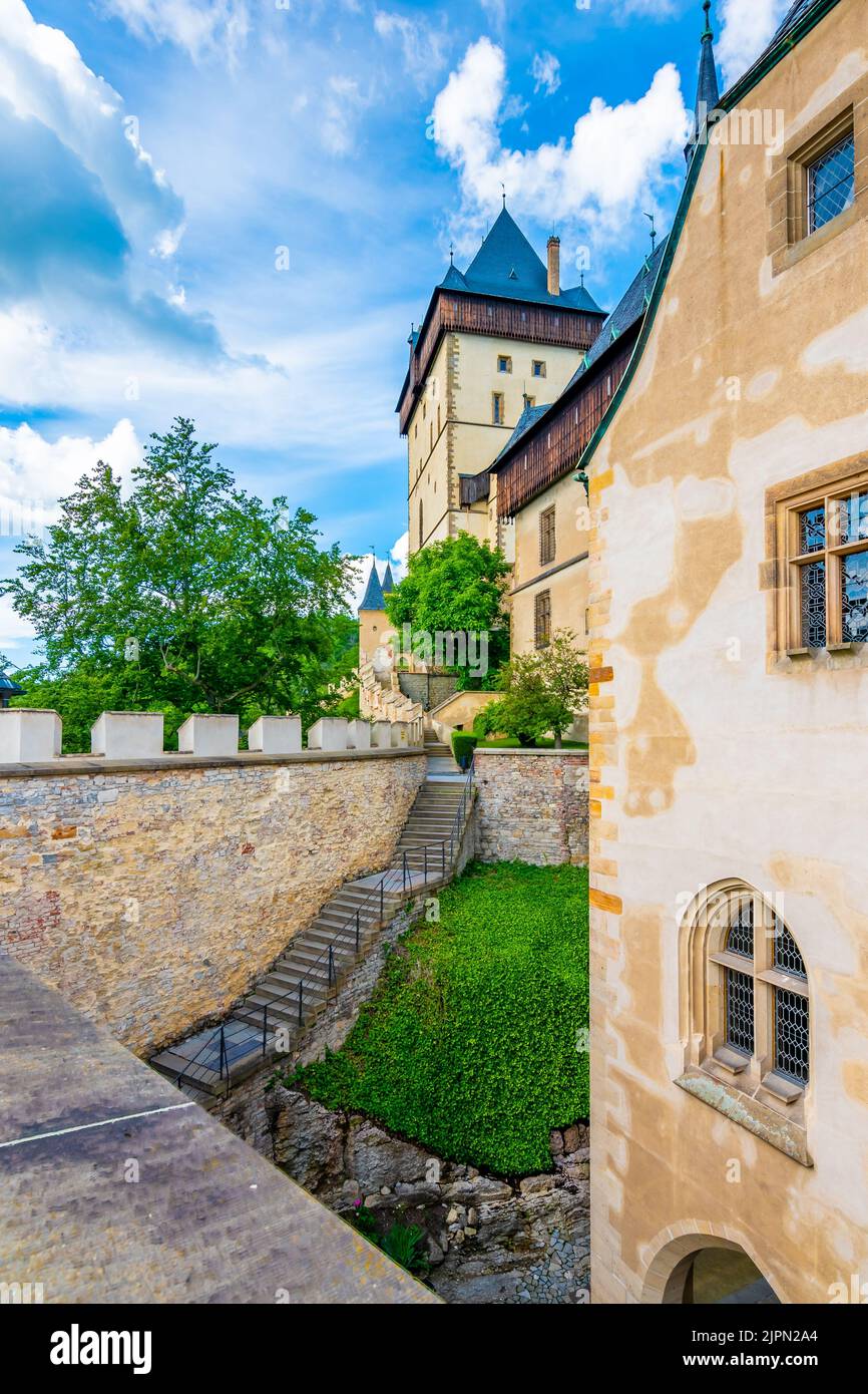 View of the famous Karlstejn castle, Czech republic. Castle built in ...