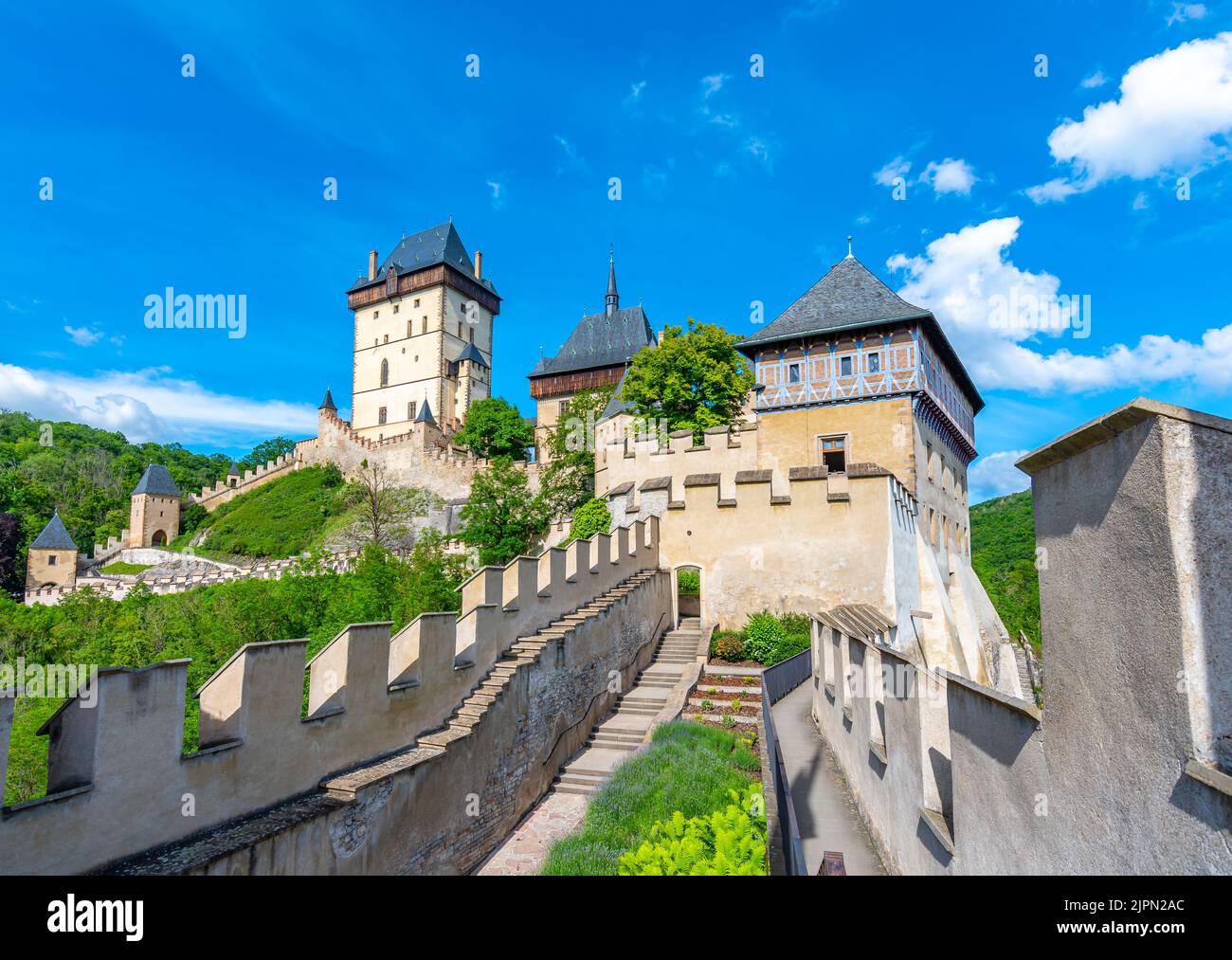 View of the famous Karlstejn castle, Czech republic. Castle built in ...