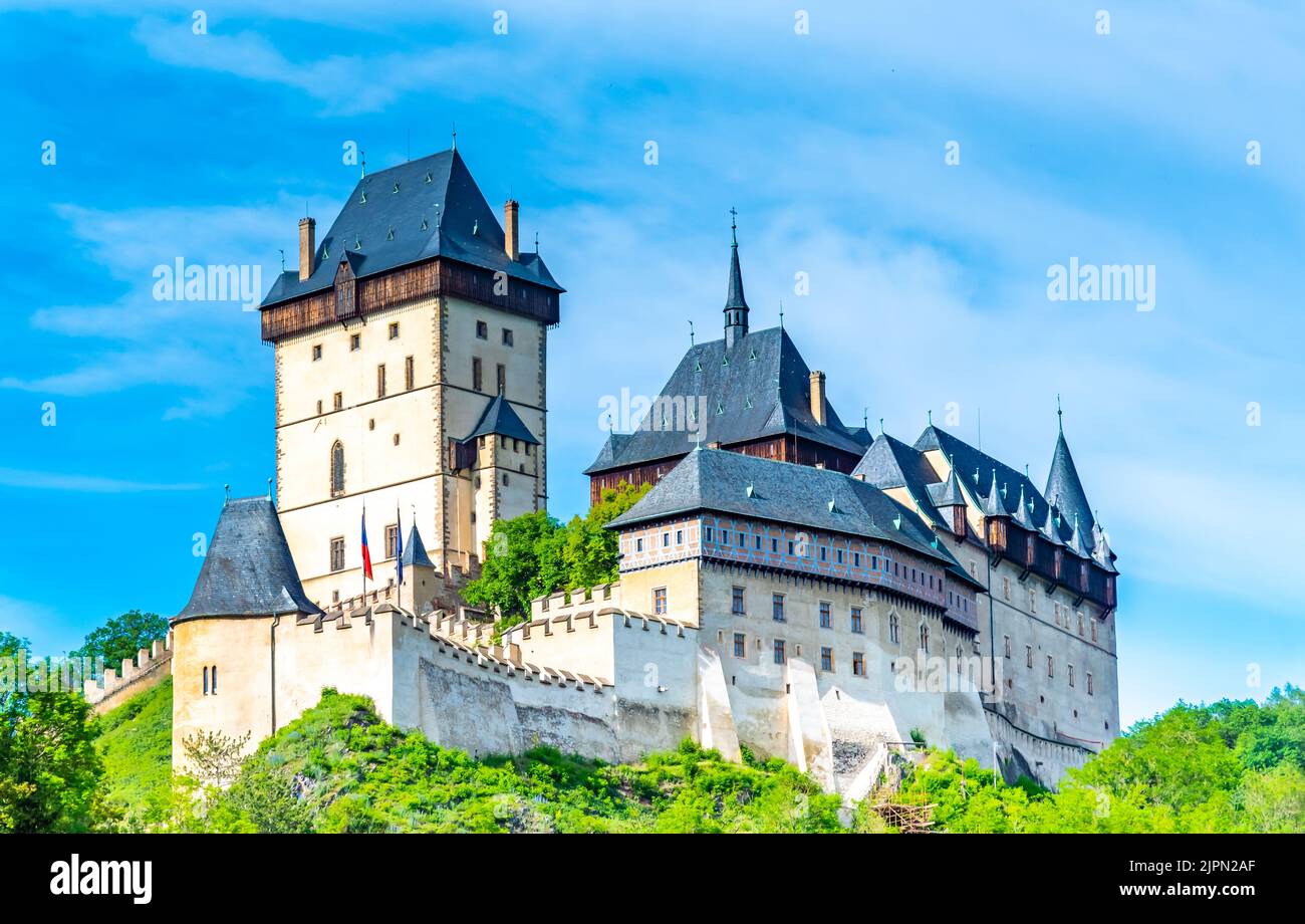 View of the famous Karlstejn castle, Czech republic. Castle built in ...
