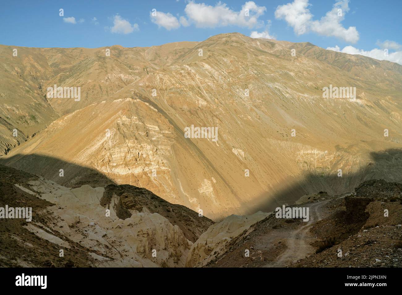 Spiti valley with high ridges and steep slopes of Himalaya mountains ...