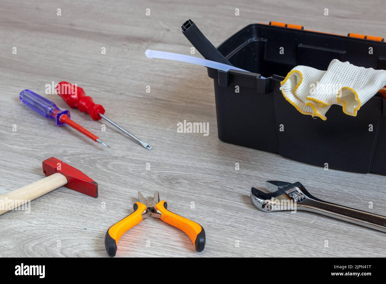 Construction tools and Toolbox on the ground Stock Photo Alamy