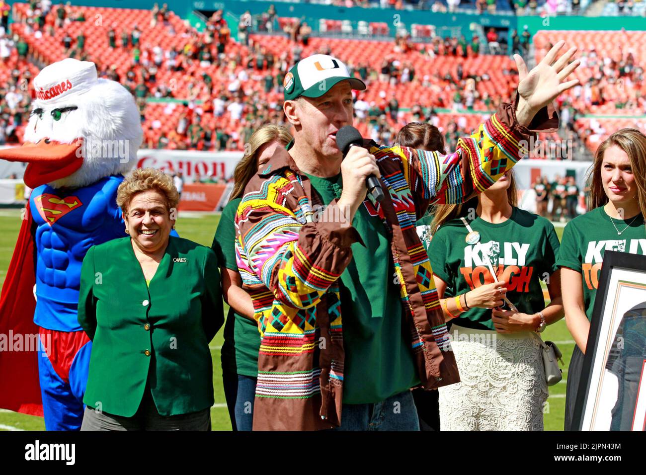 Former Miami Hurricanes quarterback Jim Kelly is honored at the half as the Hurricanes play the North Carolina Tar Heels at Sun Life Stadium in Miami Gardens, Florida, Nov. 1, 2014. (Photo by Charles Trainor Jr./Miami Herald/TNS/Sipa USA) Stock Photo