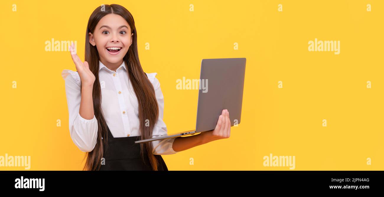 typing school blog on computer. kid on video lesson. teen girl use ...