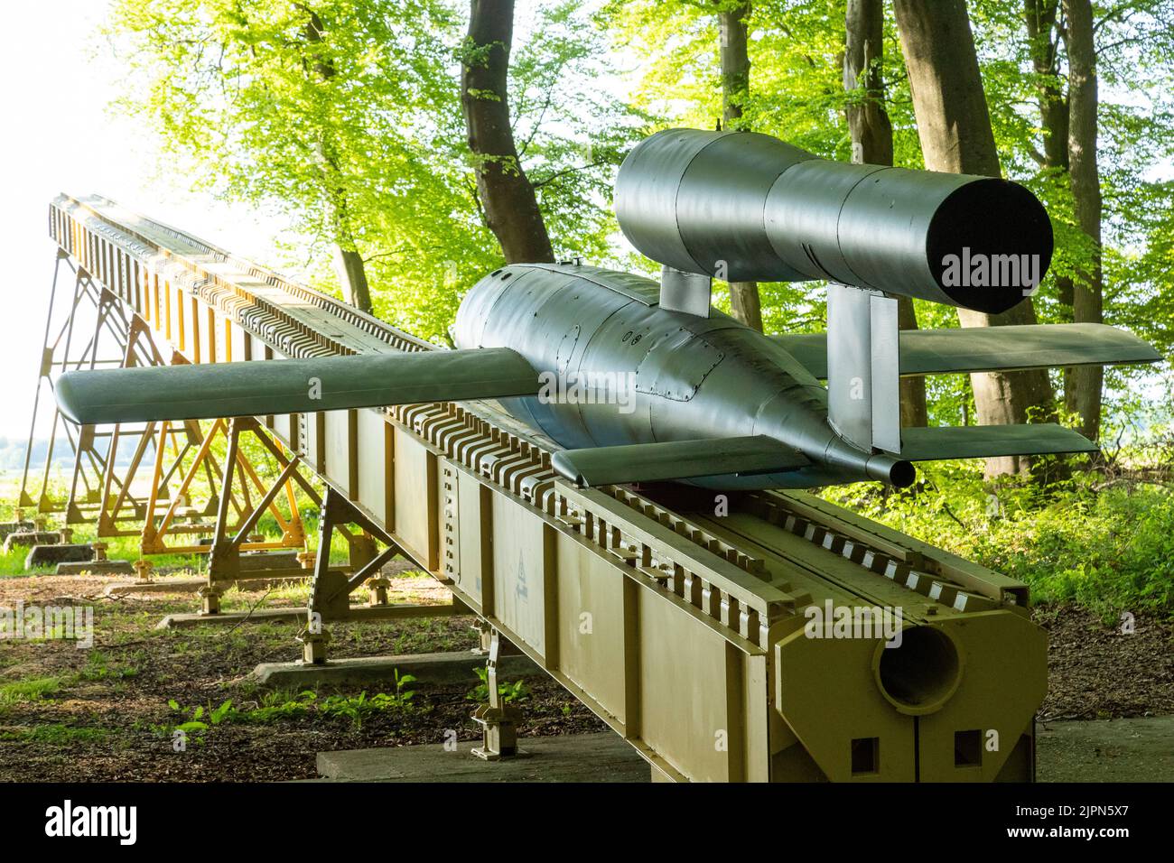 France, Seine Maritime, Guerville, Eu forest, V1 Launch Base with a flying bomb // France, Seine-Maritime (76), Guerville, forêt d'Eu, rampe de lancem Stock Photo