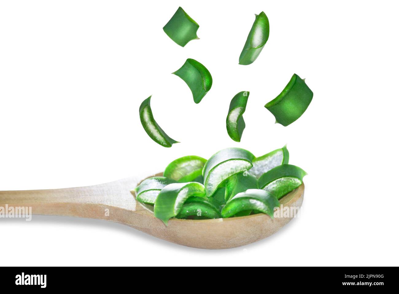 Falling Aloe vera, slice, isolated on white background, clipping path, full  depth of field Stock Photo - Alamy