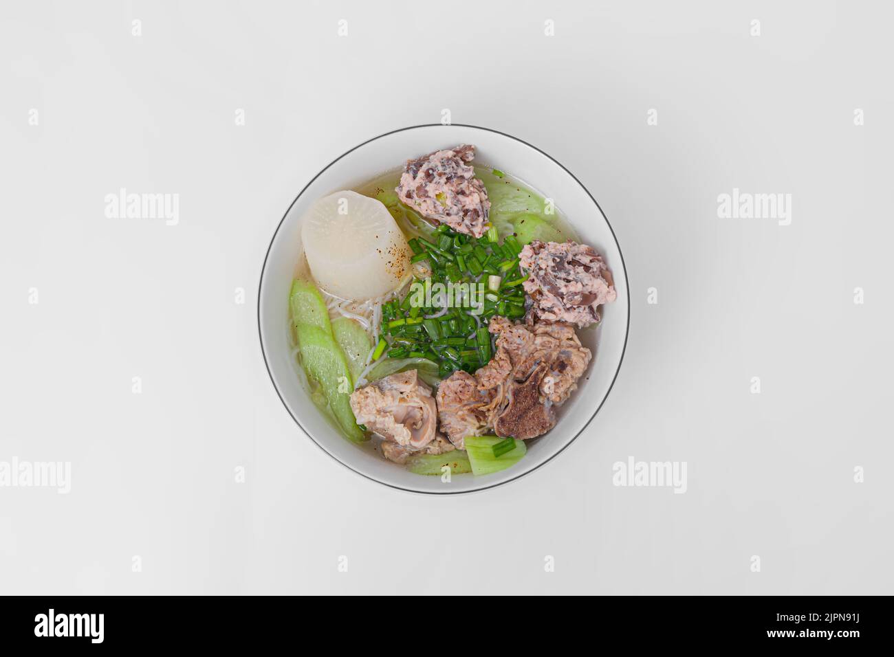 Bun Moc, Rice noodle soup with pork ball, Vietnamese food isolated on white background, top view Stock Photo