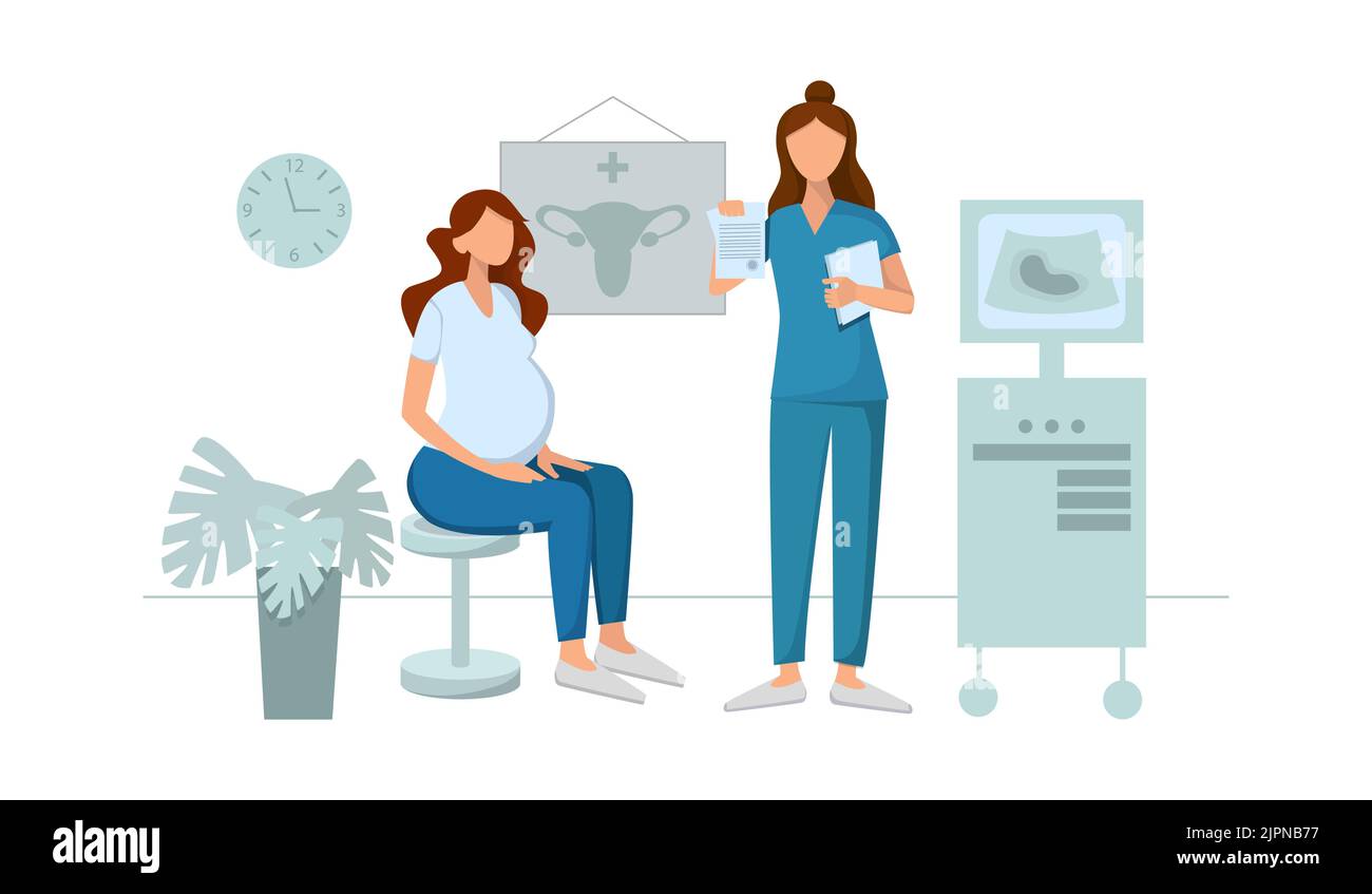 a pregnant patient sits on an examination, the doctor gives her the results of an ultrasound analysis, a poster with the pelvic organ on the wall Stock Vector