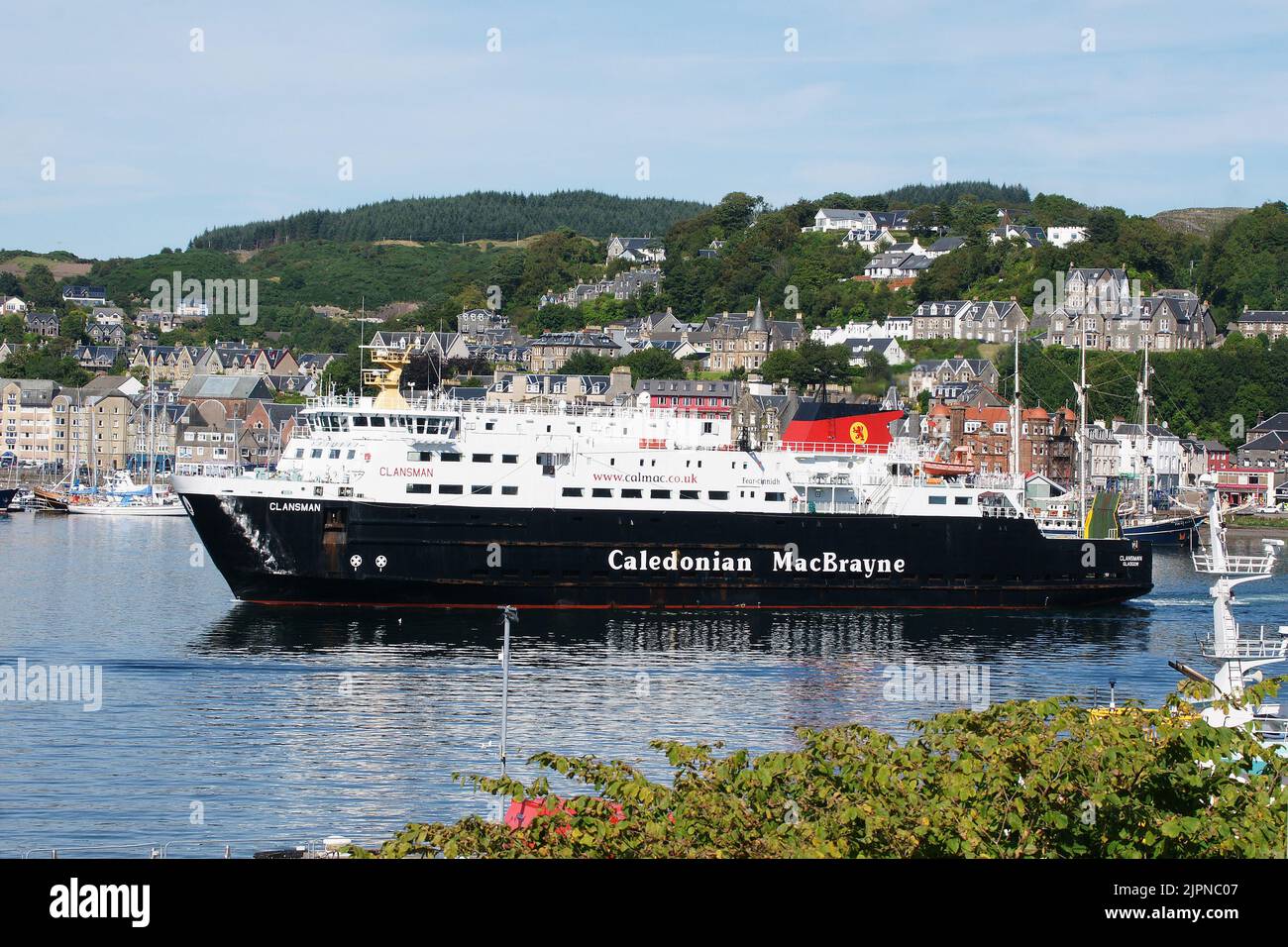 Caledonian MacBrayne inter-island ferry Clansman departing from Oban, Argyll and Bute. Stock Photo