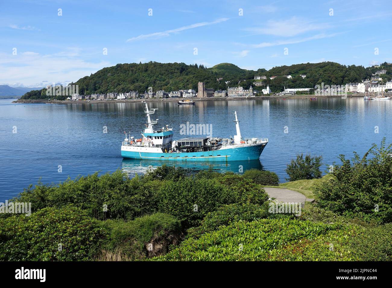 Motor vessel Aqua Scotia about to dock in the port of Oban,Argyll and Bute, Scotland Stock Photo