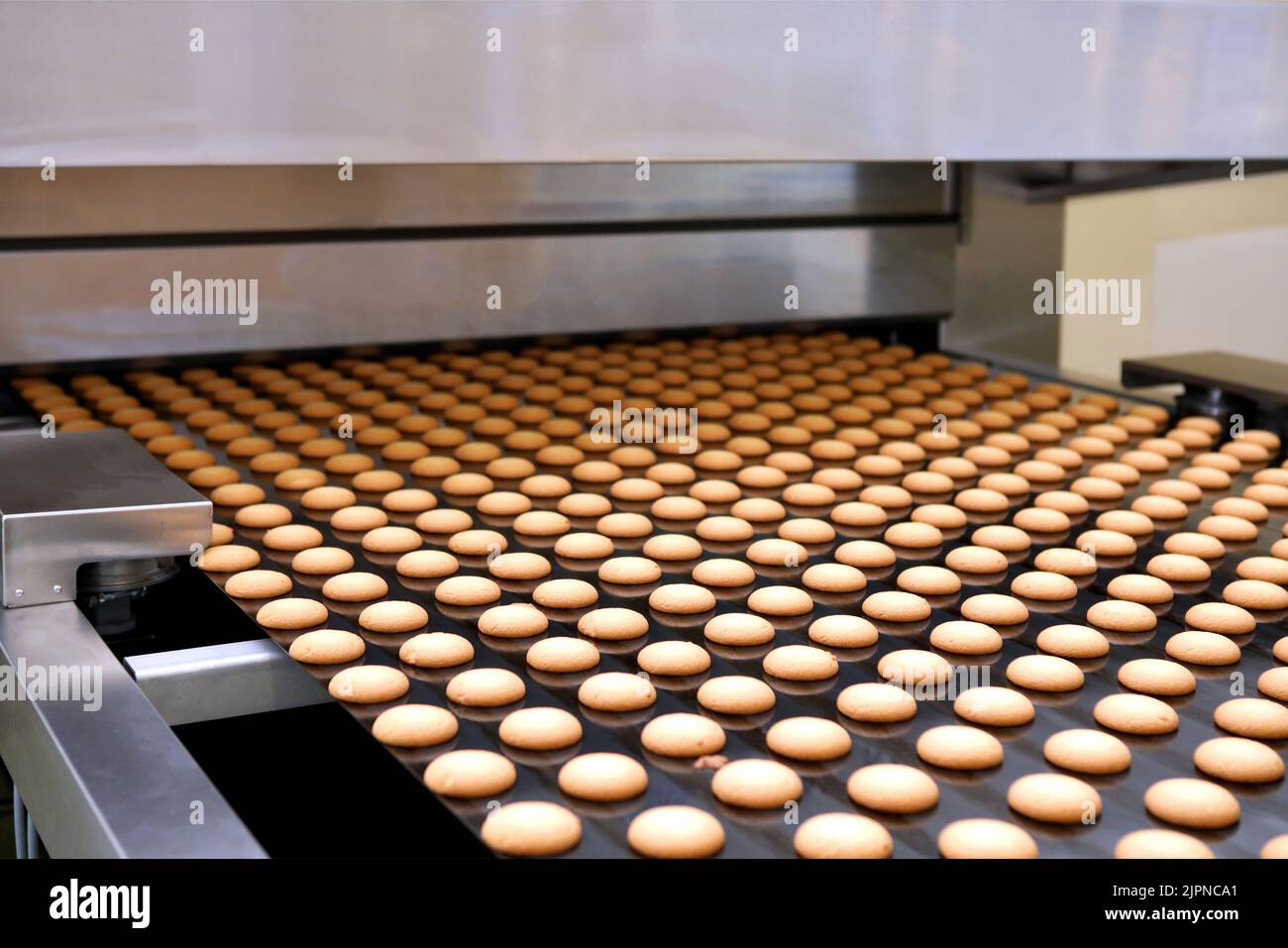 Controlling the work of huge conveyor machine producing spice cakes at the confectionary plant. Cookie production line. Innovative biscuit production. Stock Photo