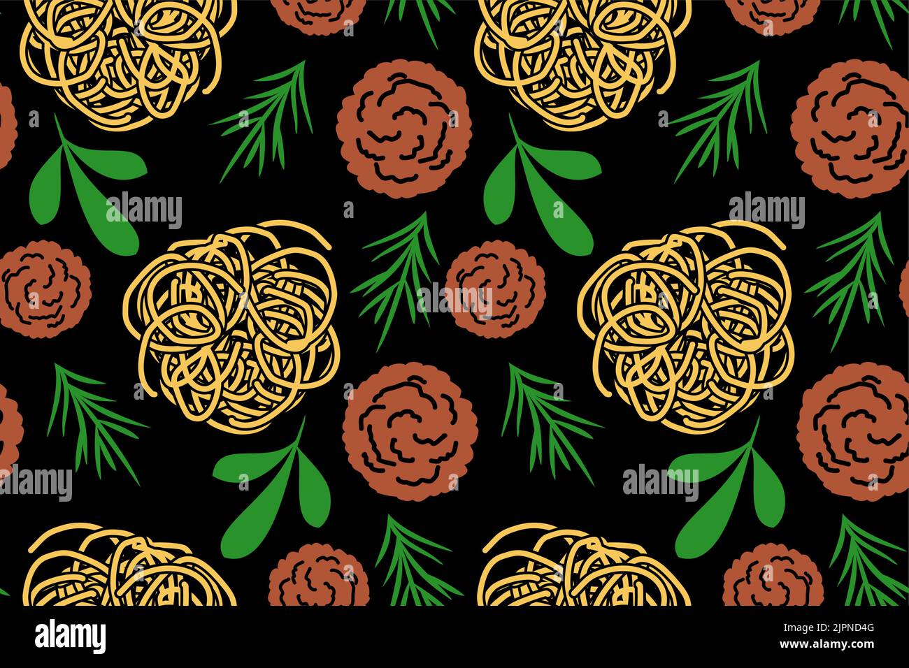 Pasta and meatballs pattern seamless. Food background Stock Vector