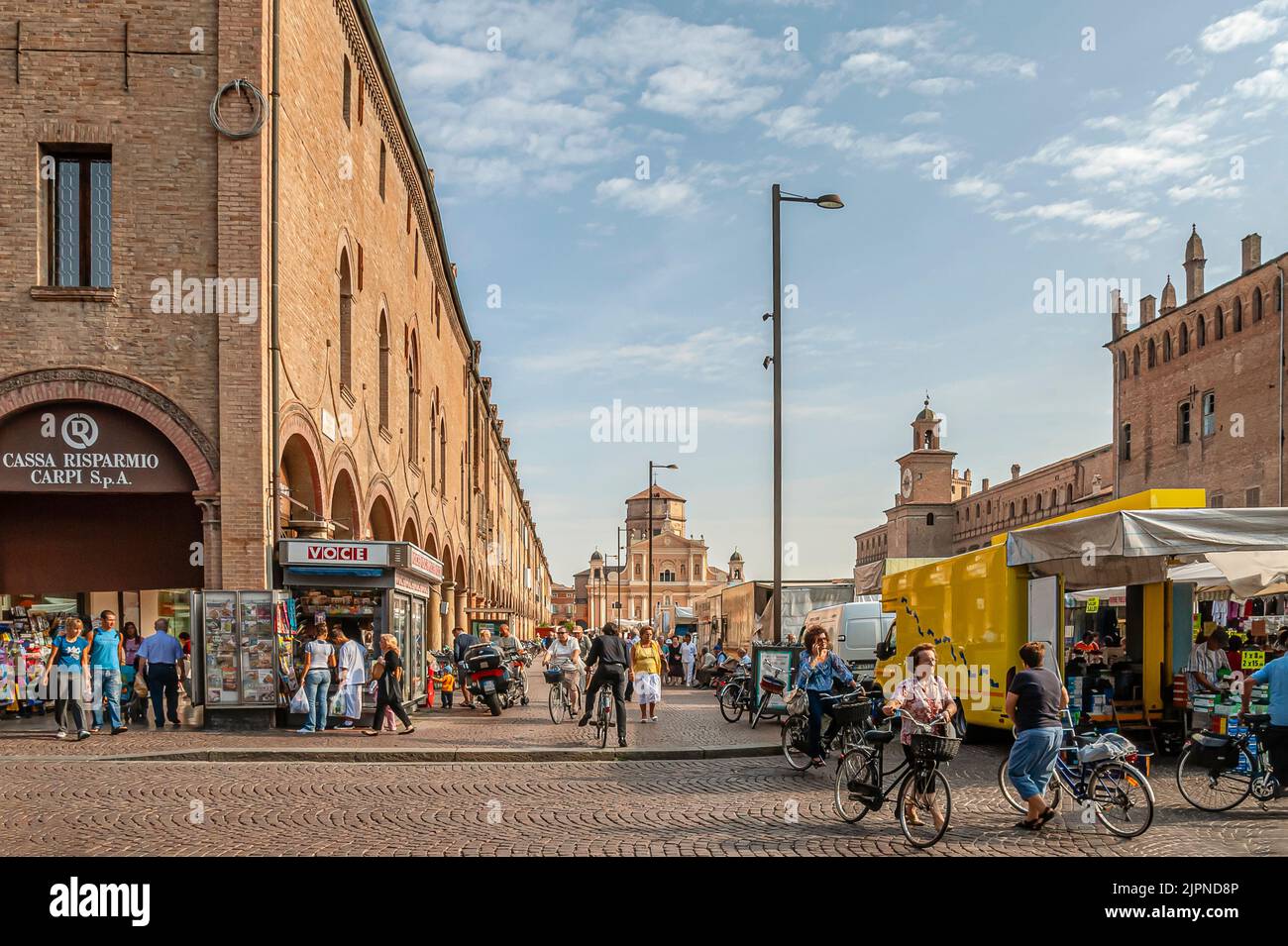 Busy Market at the Piazza dei Martiri at the historic town centre of Carpi, Emilia-Romagna, Italy Stock Photo