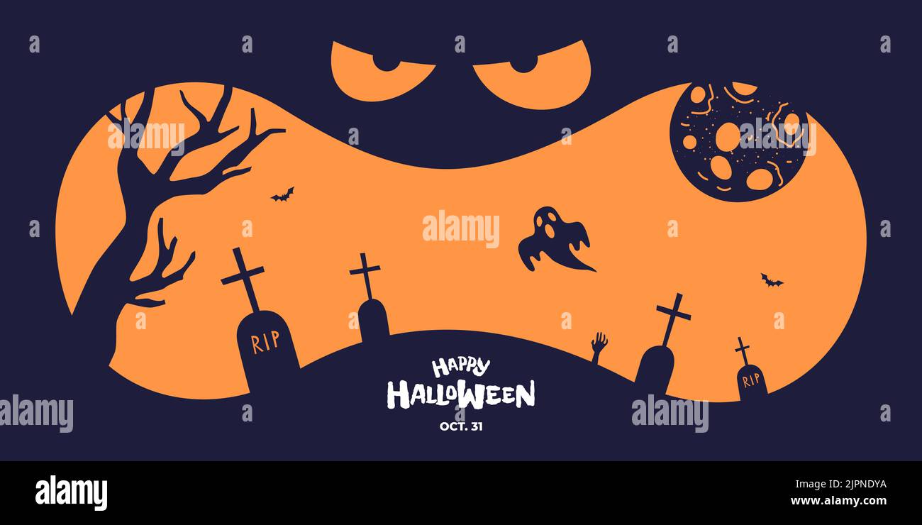 Happy Halloween party horizontal banner design. Jack O Lantern pumpkin scary face on dark blue background. Cemetery silhouette with graves and moon. Traditional October 31 holiday vector greeting card Stock Vector
