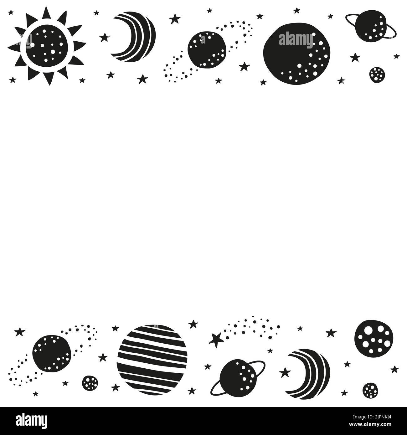 Poster with doodle planets, stars, moon, sun icons and space for text ...