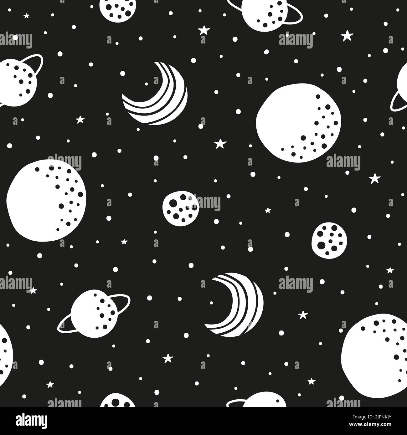 Black and white space seamless pattern with doodle moon, stars and ...