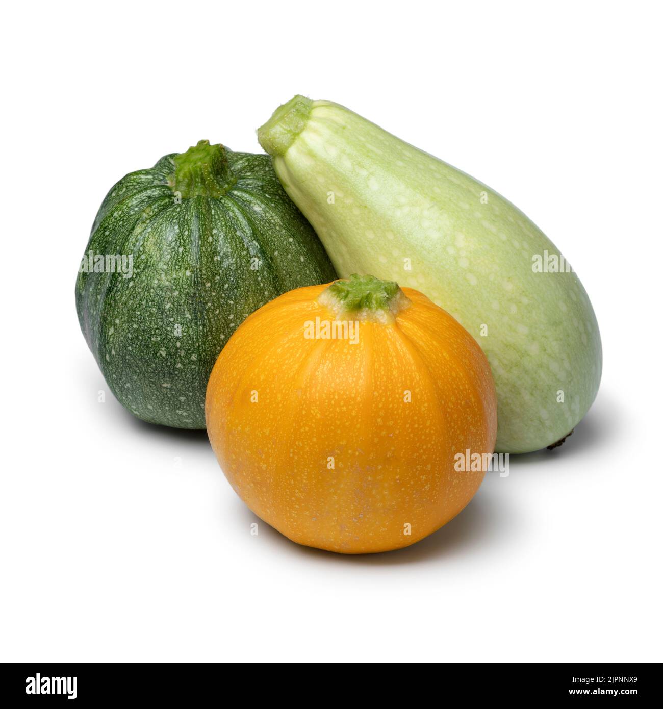 Variation of fresh homegrown zucchini close up isolated on white background Stock Photo