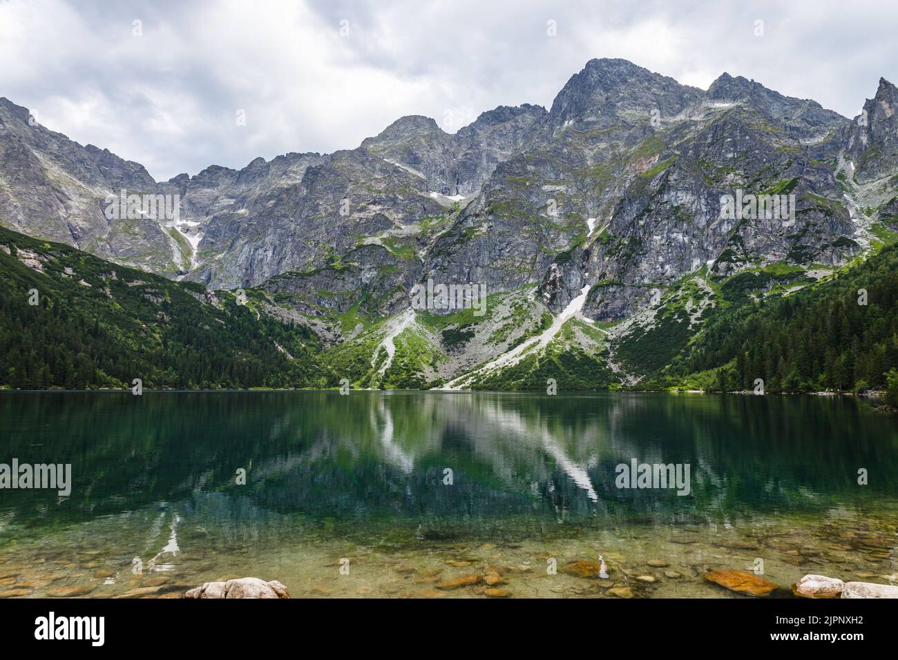 Lake of Morskie Oko or Eye of the Sea, in the High Tatras mountain range of Tatra National Park Stock Photo