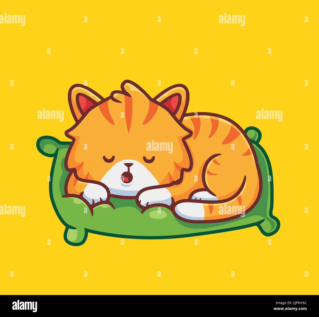 Cute Cat Sleeping On Pillow Cartoon Vector Icon Illustration. Flat