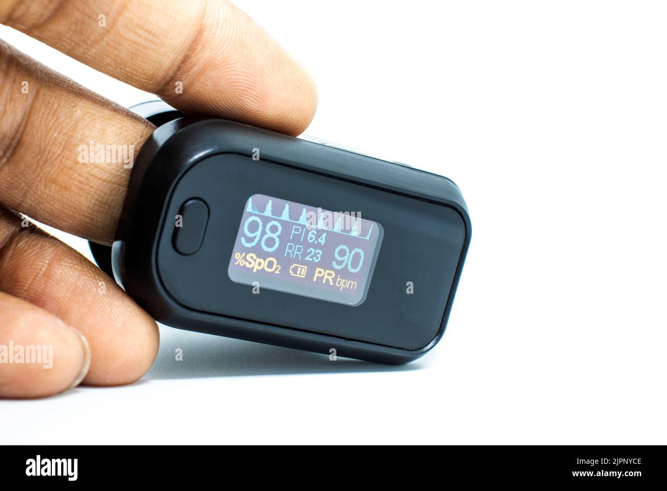 A closeup shot of a man measuring oxygen levels from a pulse oximeter