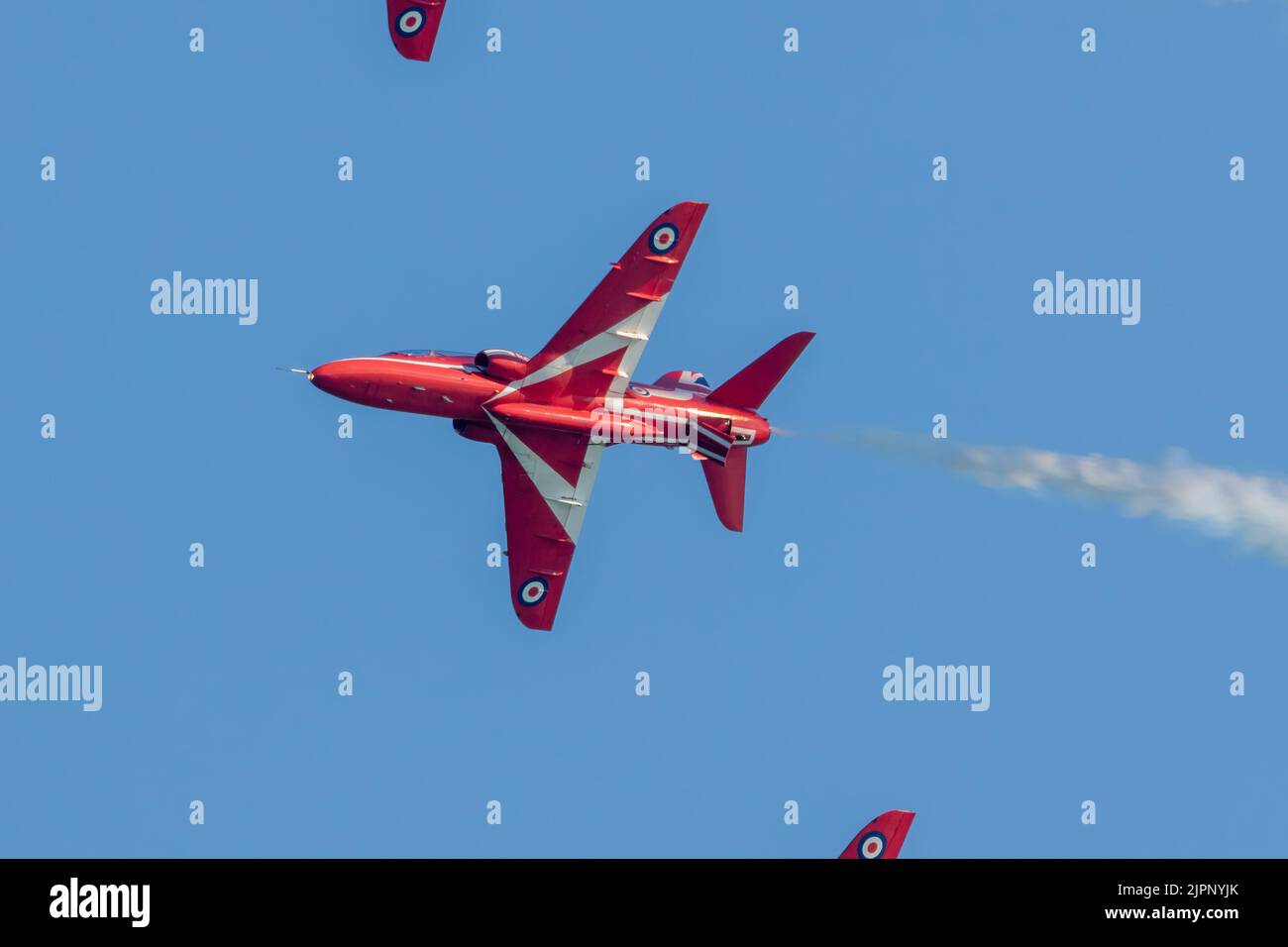 RAF Red Arrows Hawk T1 jets performing at the Eastbourne Airshow with their new display for 2022. Stock Photo