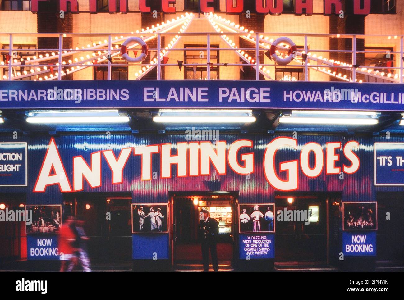 Prince Edward theatre entrance for Anything Goes musical, Soho, London, UK. Circa 1990's Stock Photo