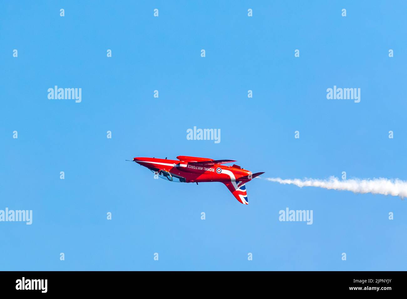 RAF Red Arrows Hawk T1 jets performing at the Eastbourne Airshow with their new display for 2022. Stock Photo