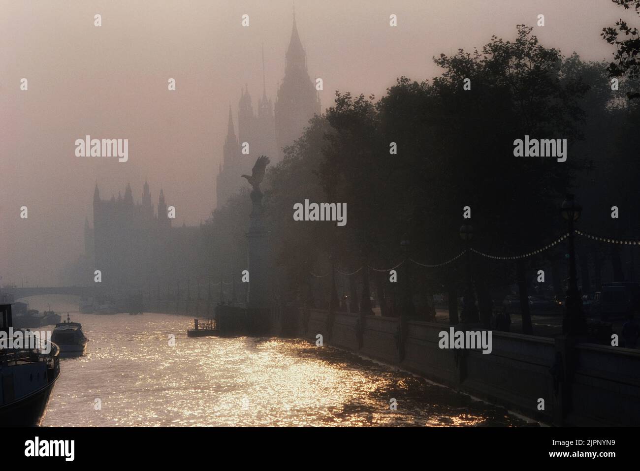 Atmospheric view of The Palace of Westminster / Houses of Parliament, River Thames in the fog looking from The Embankment.  London. England. UK Stock Photo