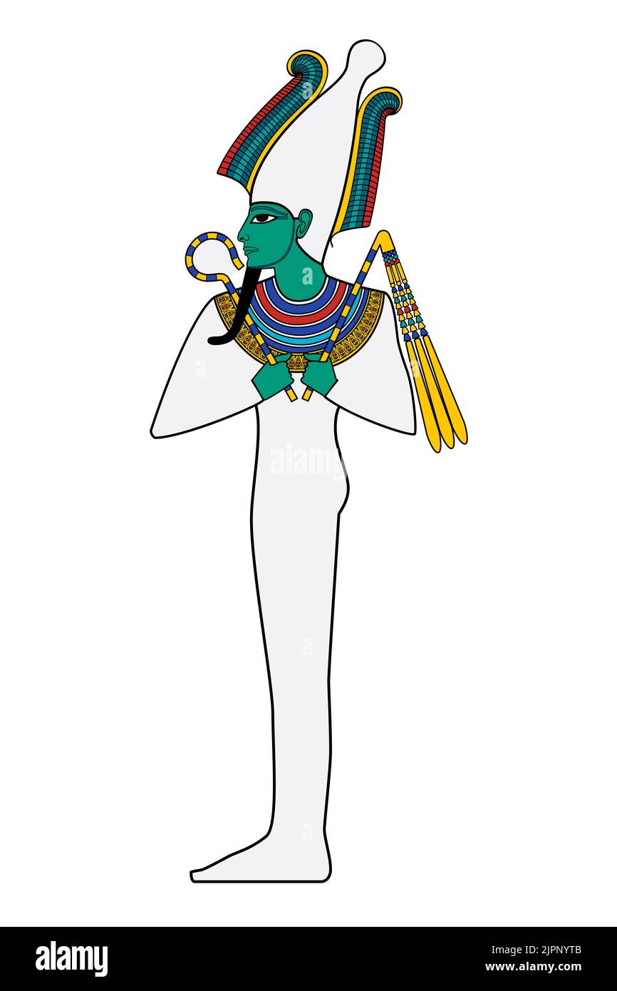 Osiris, ancient Egypt god of afterlife, dead and resurrection, with turquoise skin, pharaoh beard, atef crown, mummy-wrapped, holding crook and flail. Stock Photo