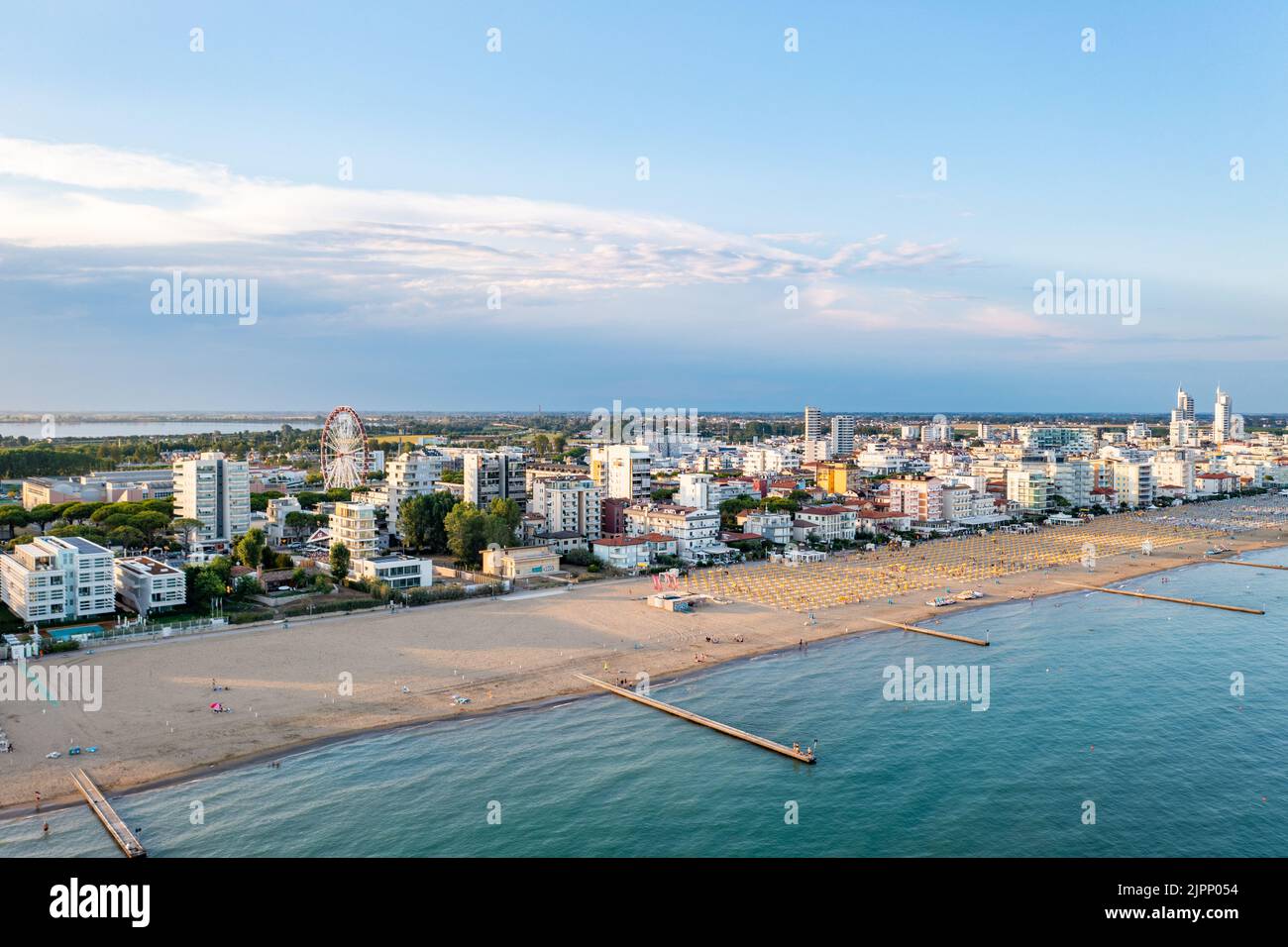 Lido di Jesolo beach, Italy. Aerial view to the touristic holiday destination. Stock Photo