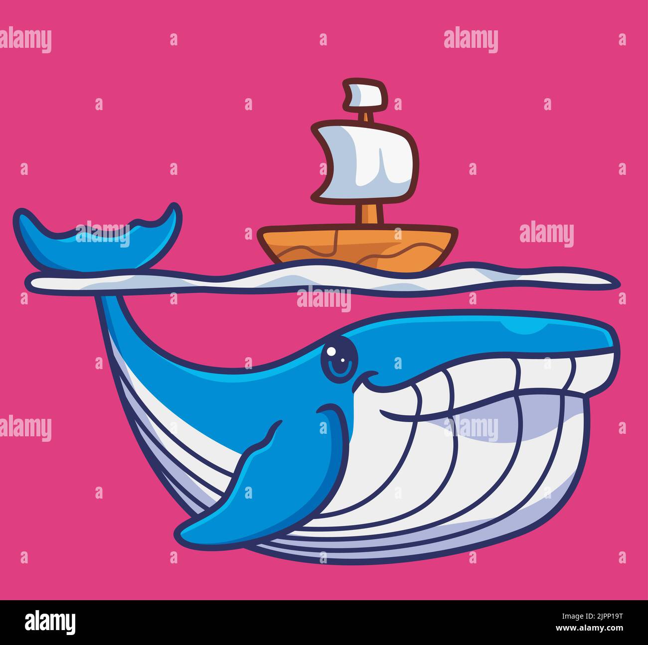 cute blue whale with a boat. isolated cartoon animal illustration. Flat