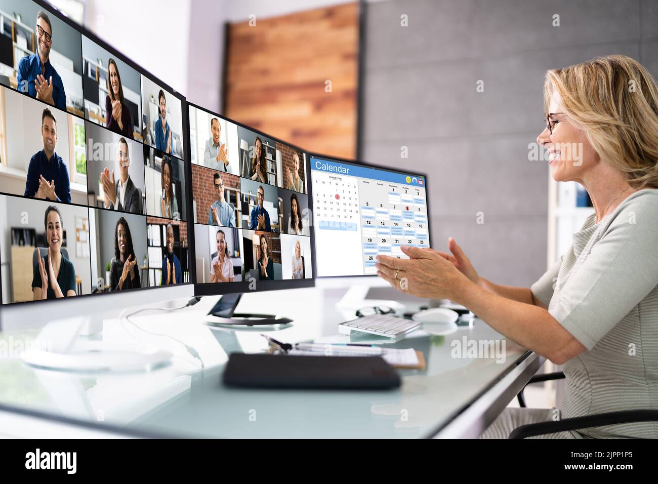Virtual Conference Meeting Interview In Office Clapping Stock Photo Alamy