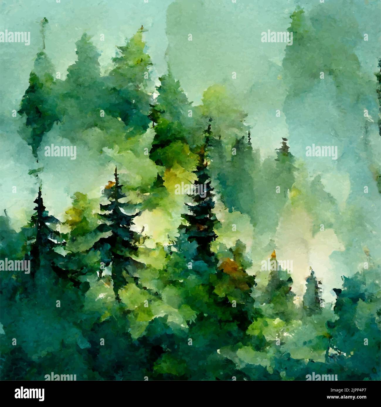 Green coniferous forest in mountains, watercolor illustration Stock ...