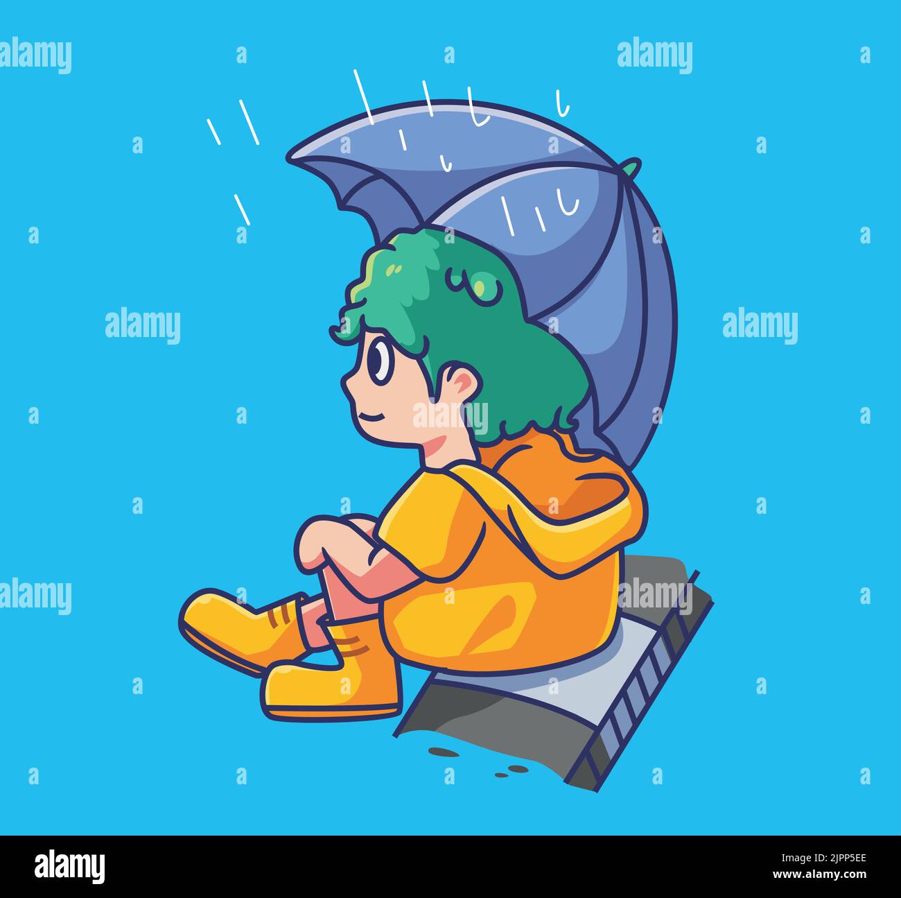 cute little boy wearing raincoat and umbrella. Isolated cartoon person