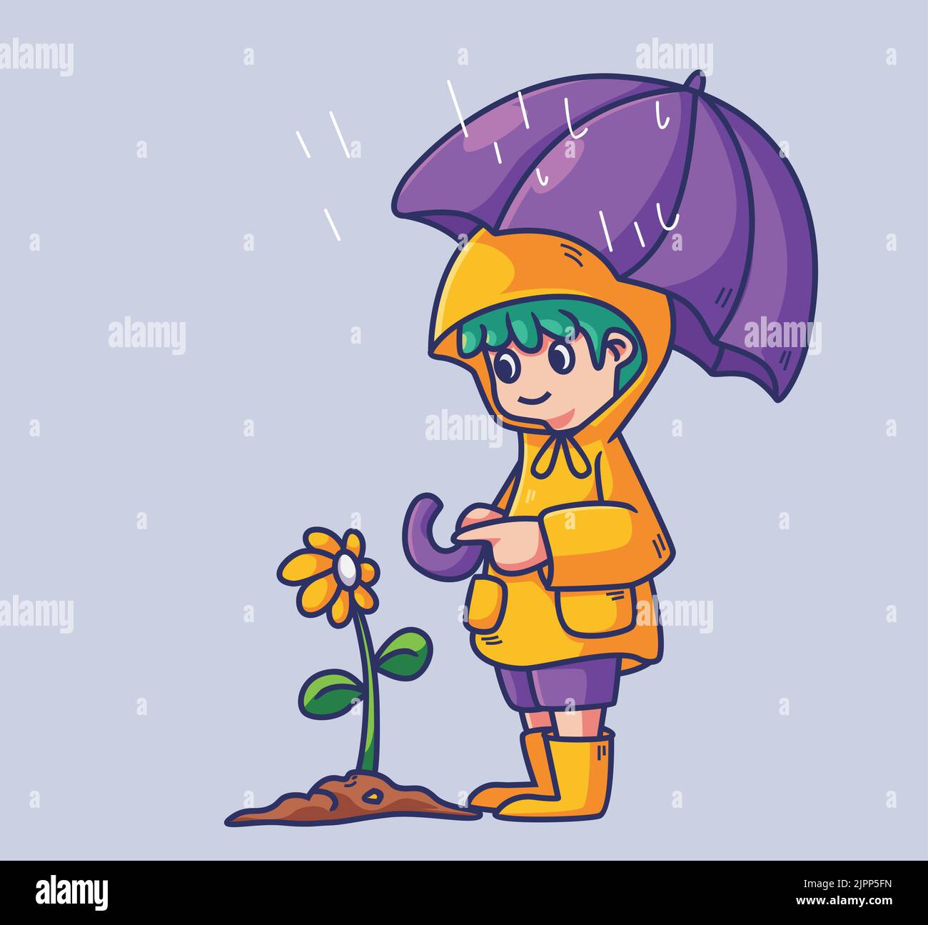cute little boy wearing raincoat and umbrella looking at flower