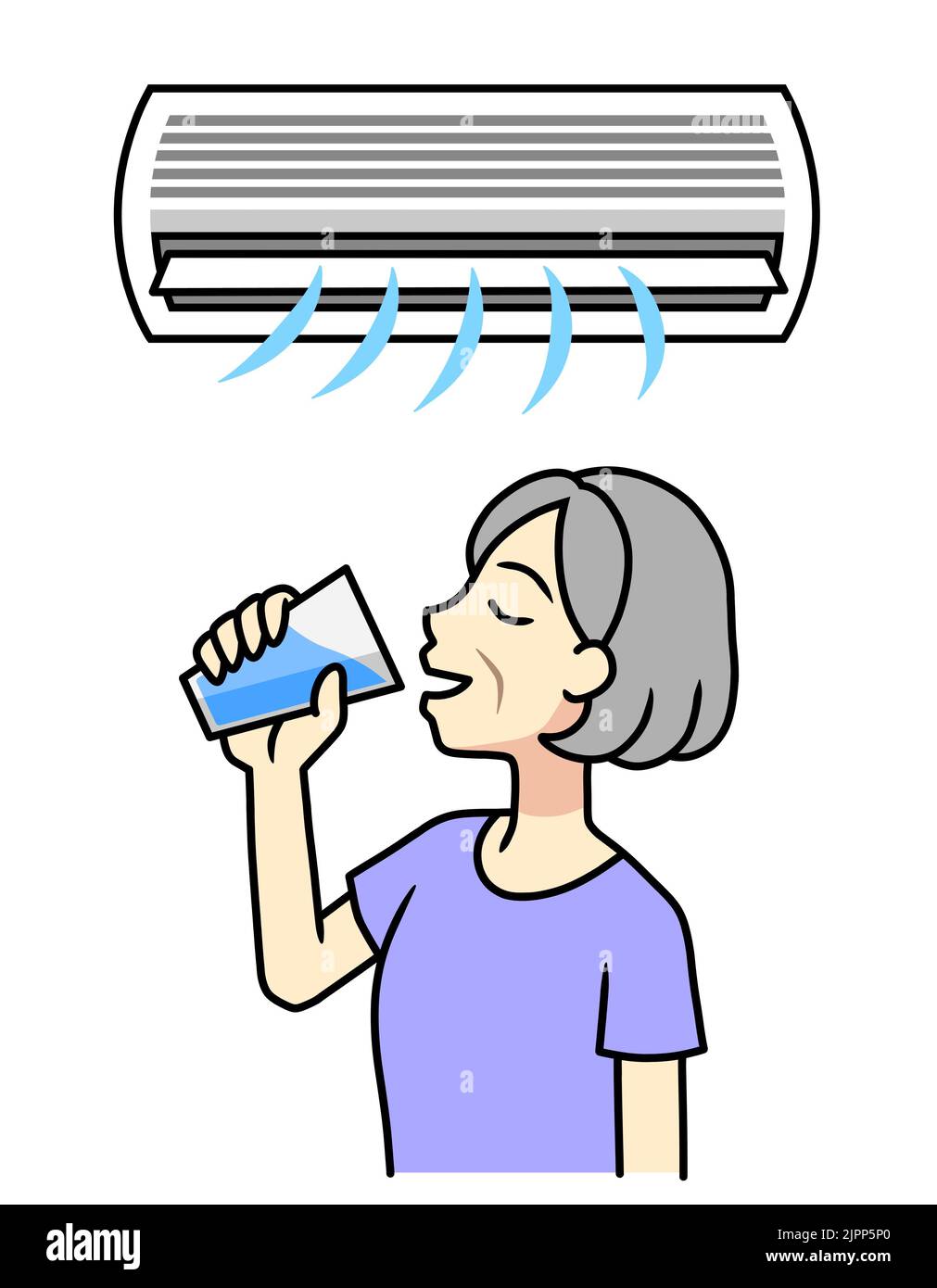 A senior woman drinking water with an air conditioner on Stock Photo