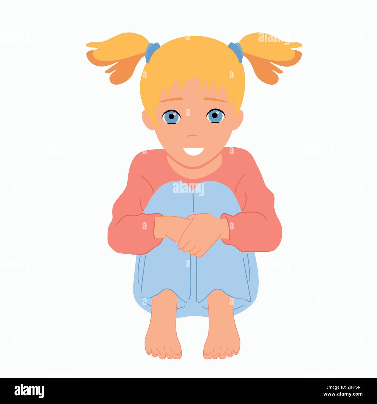 Little girl is sitting. hugging her knees. Smile and good mood Stock