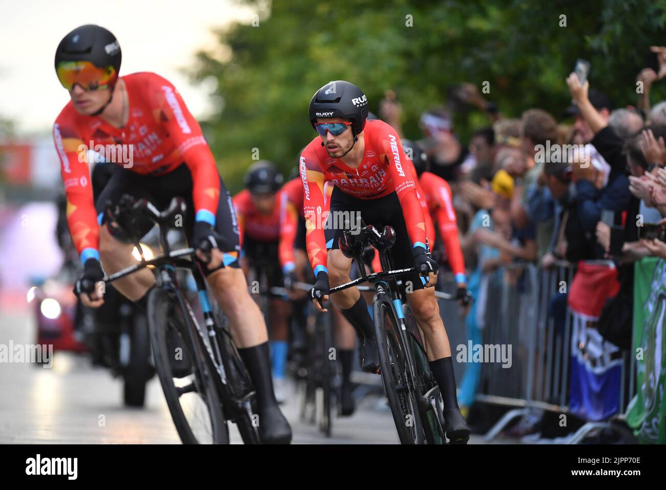 Bahrain Victorious riders pictured in action during the first stage of ...